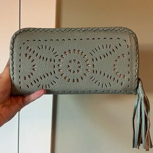 Cleobella Green/Gray Leather Wallet with Perforated Design